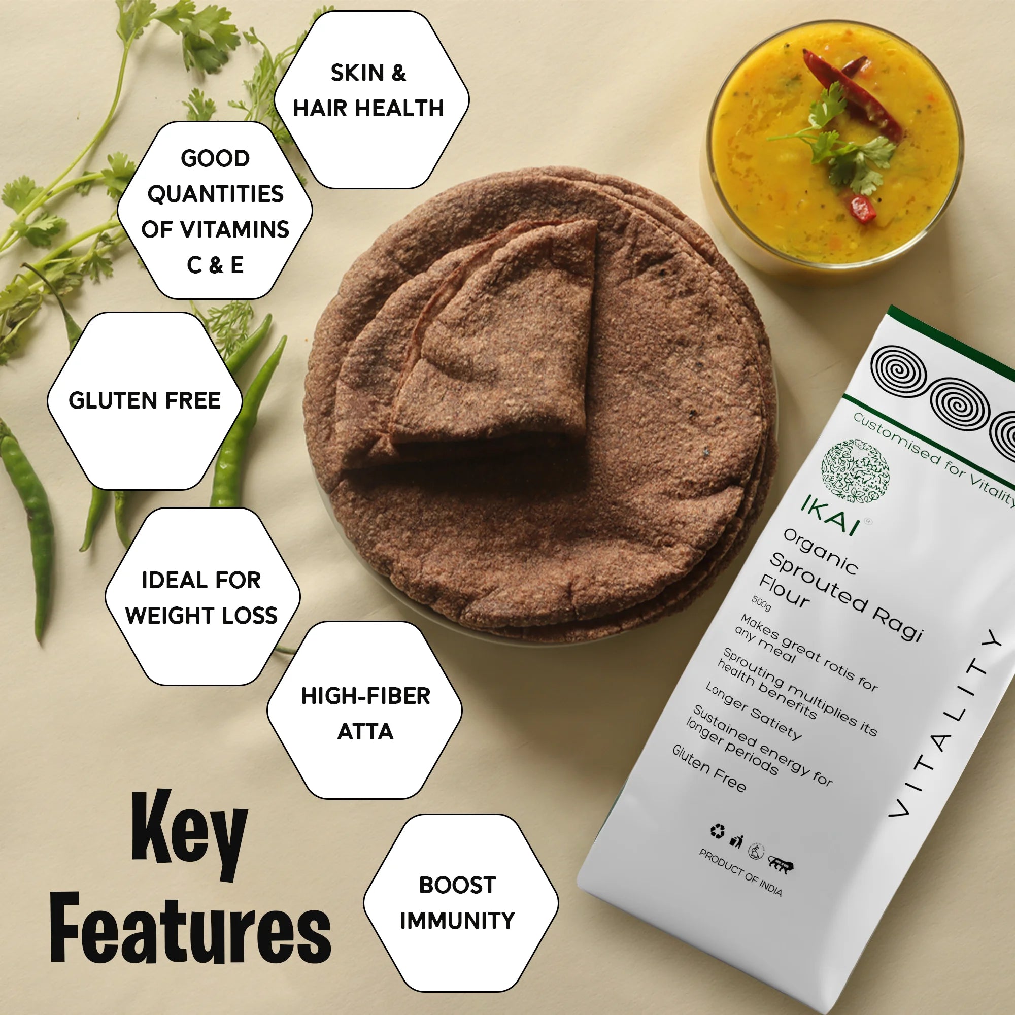 Organic Sprouted Finger Millet/Ragi Atta | Gluten Free | Sprouted | Customised for Vitality | 450g