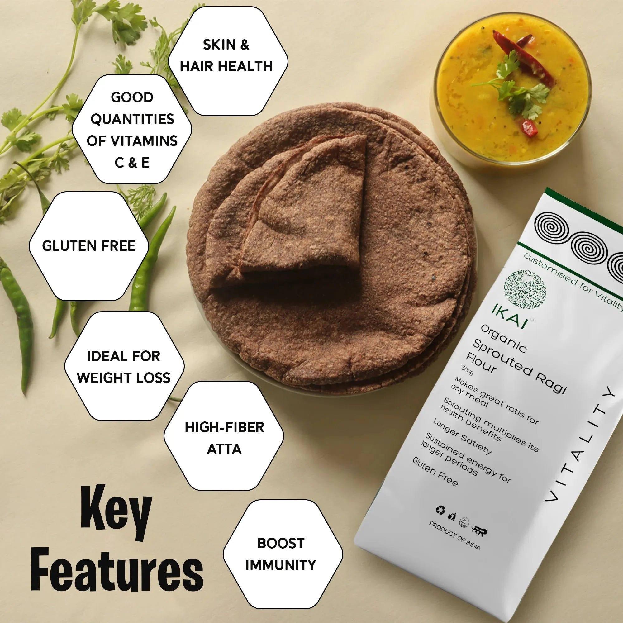 Organic Sprouted Finger Millet/Ragi Atta | Gluten Free | Sprouted | Customised for Vitality | 450g