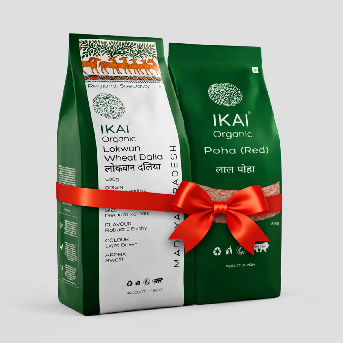 Healthy Indian Breakfast - Organic Lokwan Wheat Dalia(500g), Organic Poha (Red) (500g)