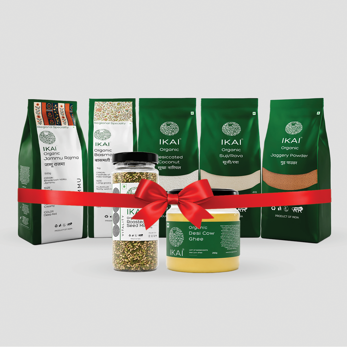 Rakhi Combo - Jammu Rajma (500g), Basmati Rice (1000g), Jaggery Powder (500g), Desi Cow Ghee (250g), Roasted Seed Mix (100g), Organic Suji (450g), Natural Desiccated Coconut (250g)