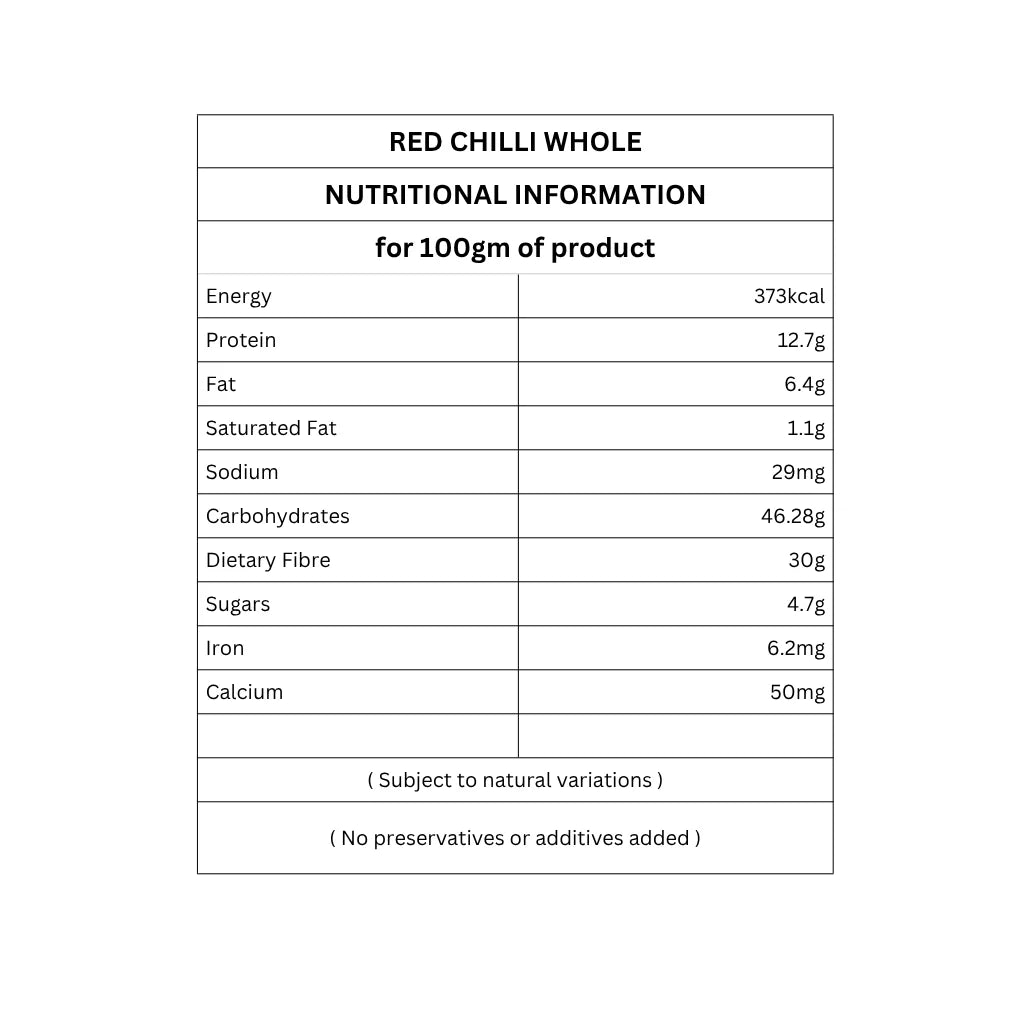Organic Whole Red Chilli | Sabut Lal Mirch | Sundried | Red Colour | Hot | 50g