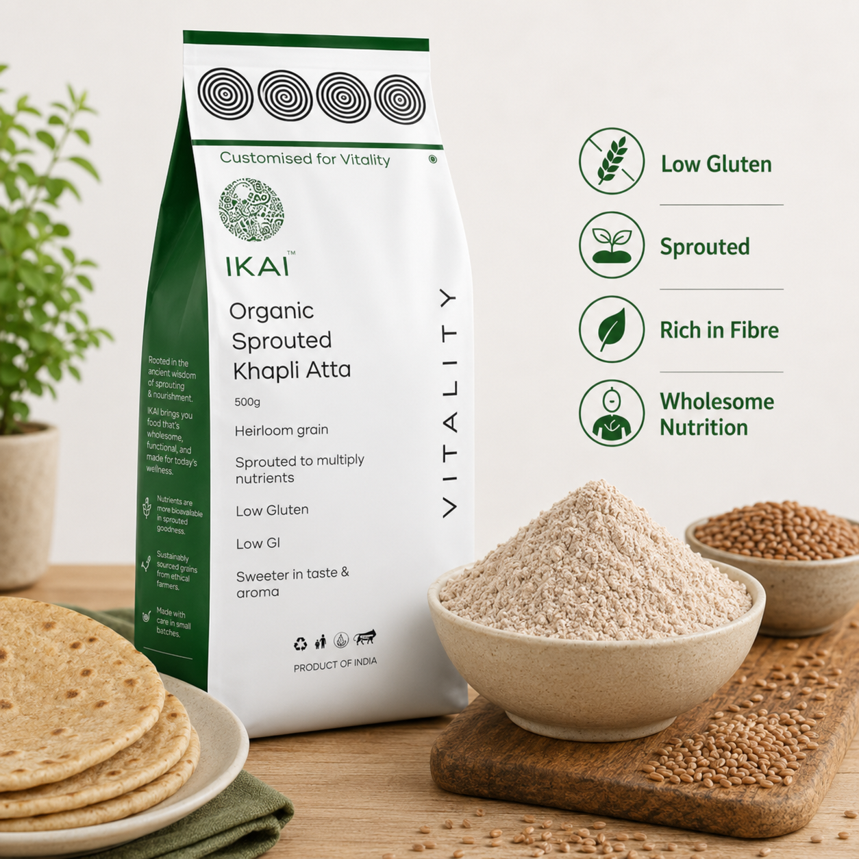Organic Sprouted Khapli Atta | Ancient Emmer wheat | Sprouted | Customised for Vitality | 900g