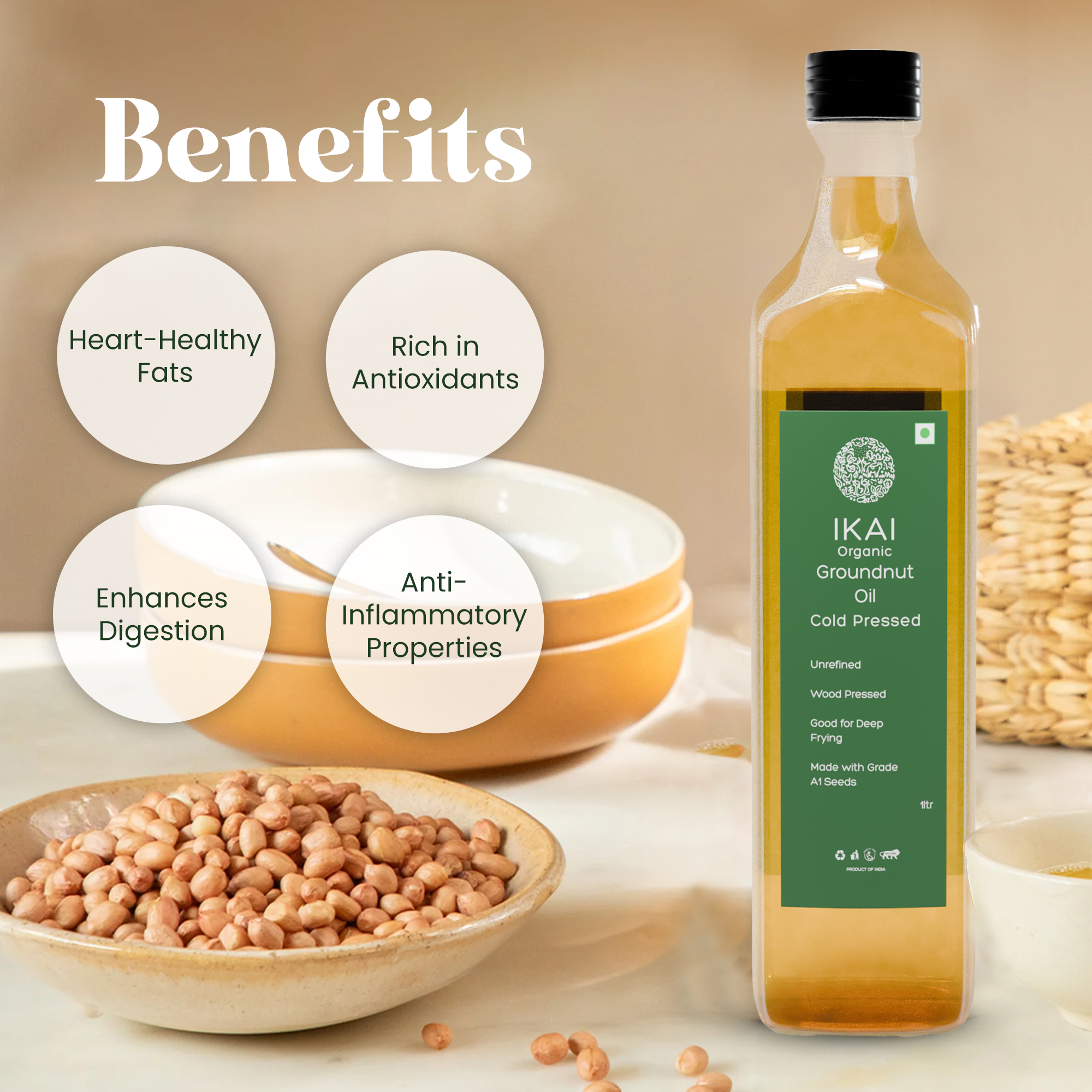 Organic Groundnut Oil | Cold Pressed | Wood Pressed | Unrefined | 1000ml