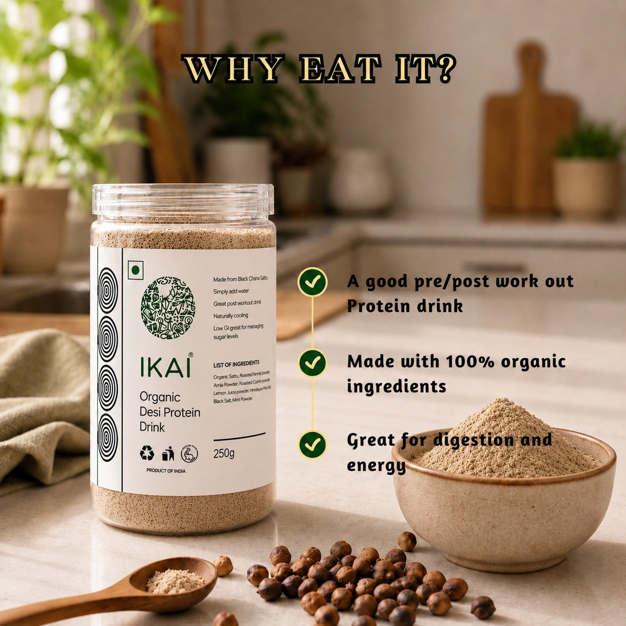 Organic Desi Protein Drink | Made from Black Chana Sattu | Natural Protein Food | Customised For Vitality | Gluten Free | 250g